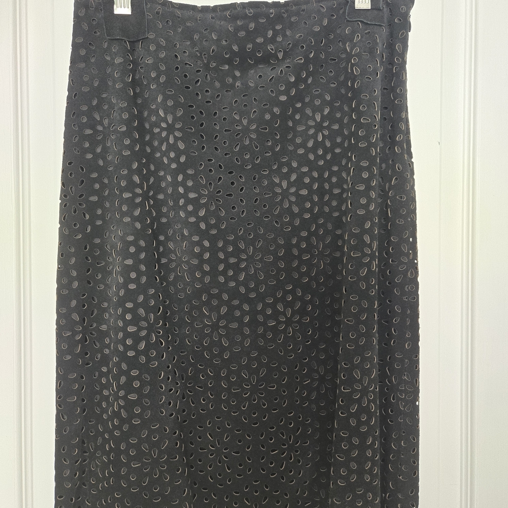 Elegant Black Leather Eyelet Skirt